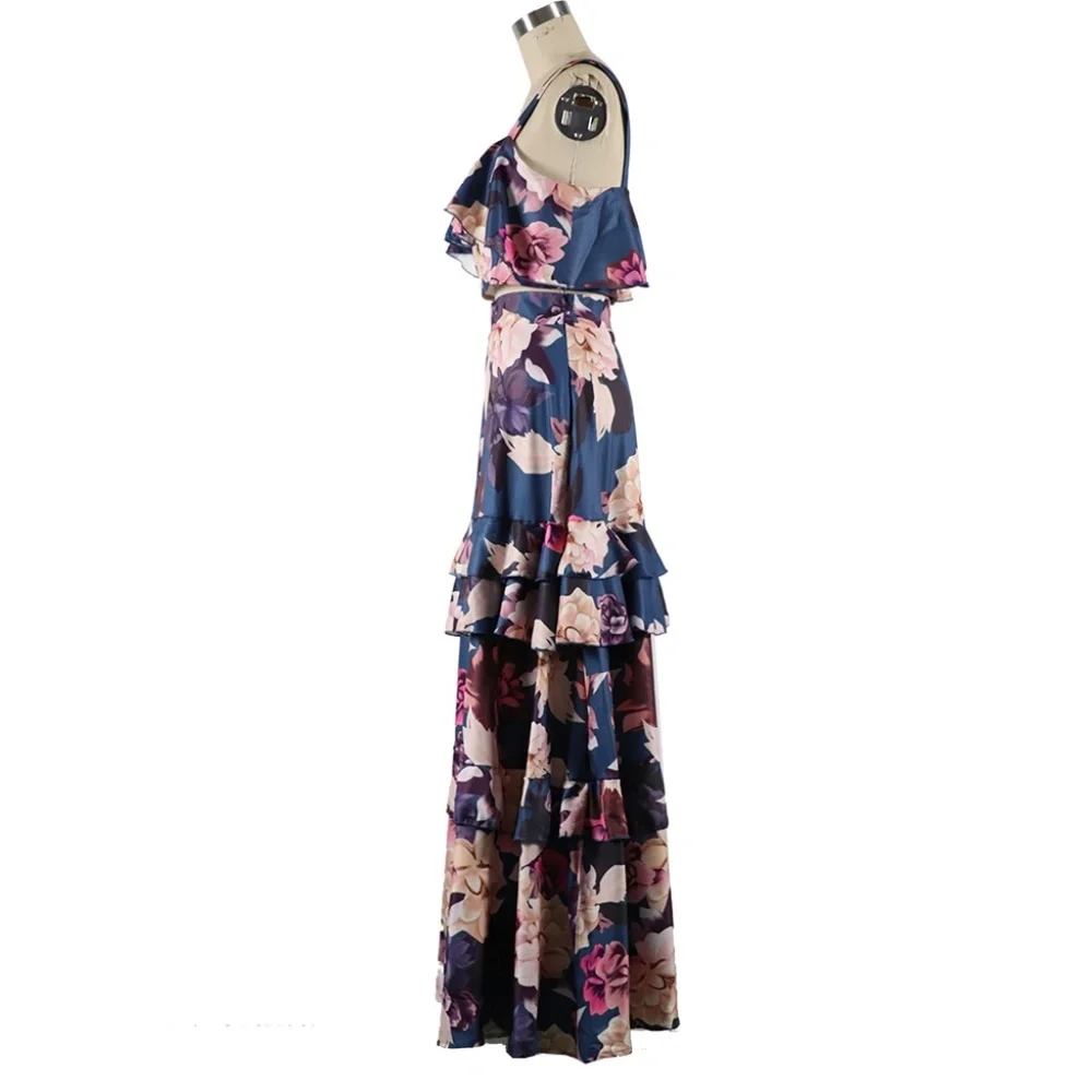 Boho Floral Print Crop Top ruffle Maxi skirt Set - Picture 3 of 6